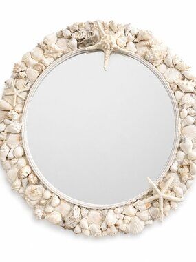Handmade White Seashell Mirror — Coastal Boho Wall Decor